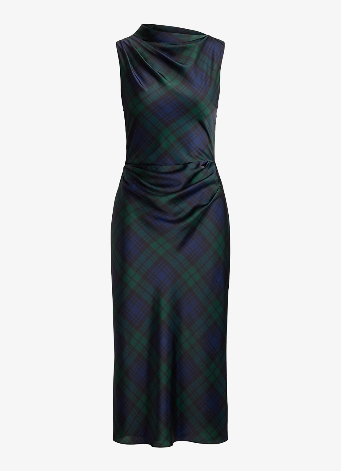 Ralph Lauren Midi jurk met ruitdessin en watervalhals - voorkant navy/green/black / blauw/groen/zwart