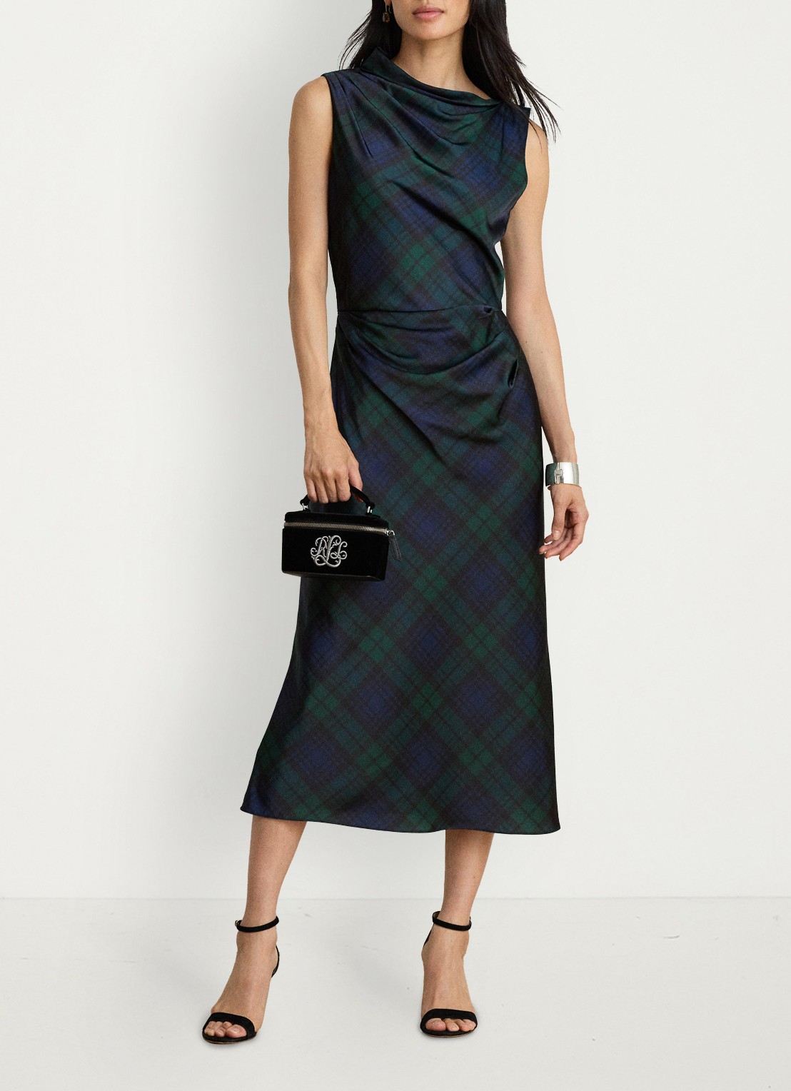 Ralph Lauren Midi jurk met ruitdessin en watervalhals - voorkant 2 navy/green/black / blauw/groen/zwart