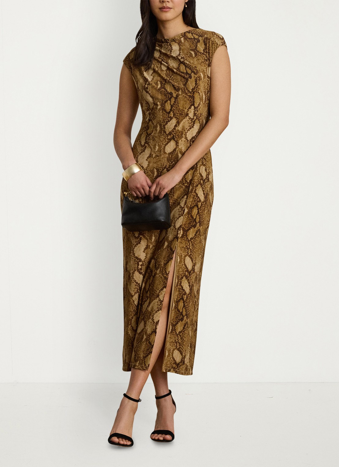 Ralph Lauren Midi jurk met slangenprint en split - voorkant 3 tan multi / beige