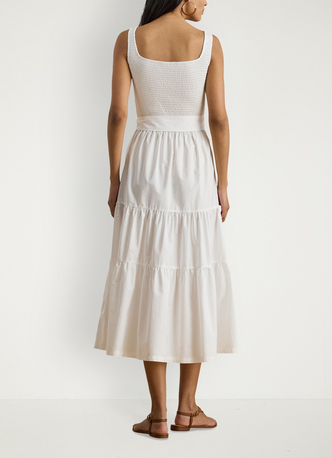 Ralph Lauren Midi jurk met smockwerk en strikceintuur - achterkant wit