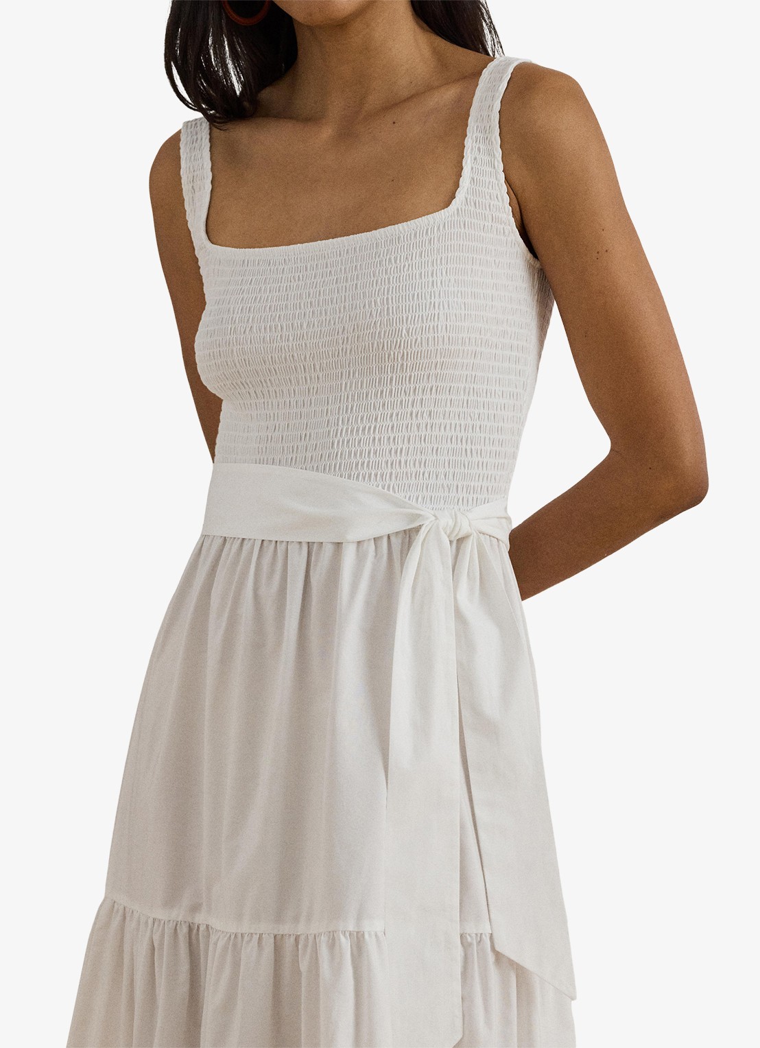 Ralph Lauren Midi jurk met smockwerk en strikceintuur - detail 4 wit
