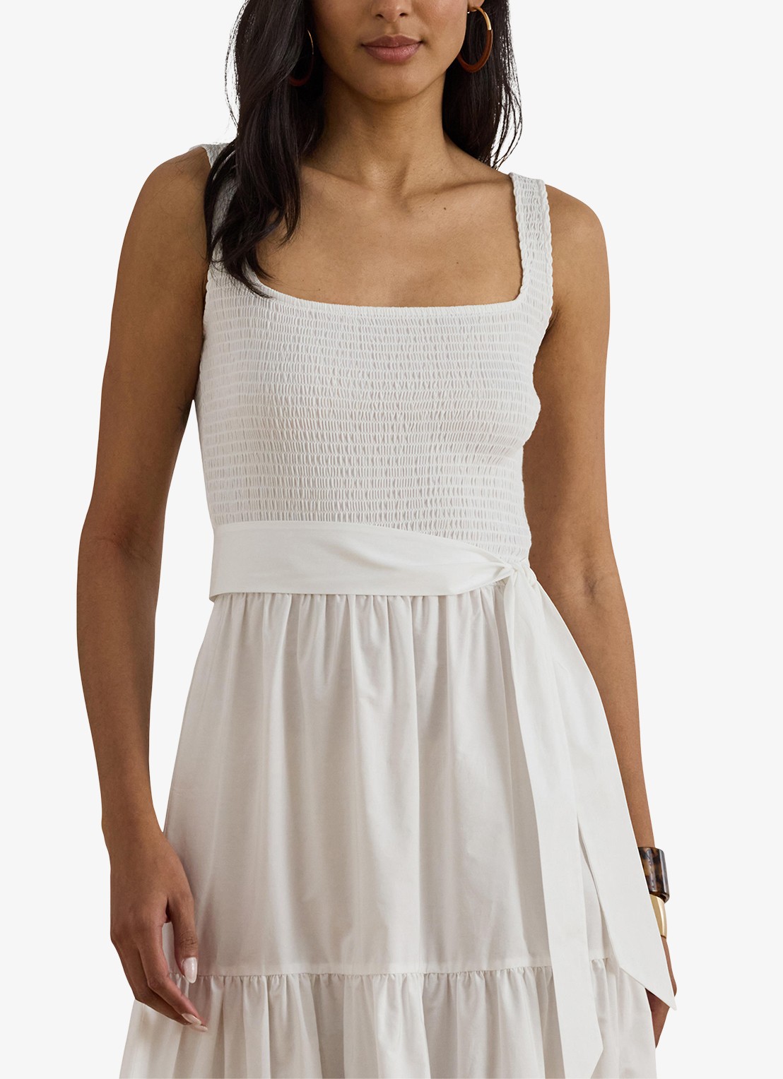 Ralph Lauren Midi jurk met smockwerk en strikceintuur - detail 5 wit