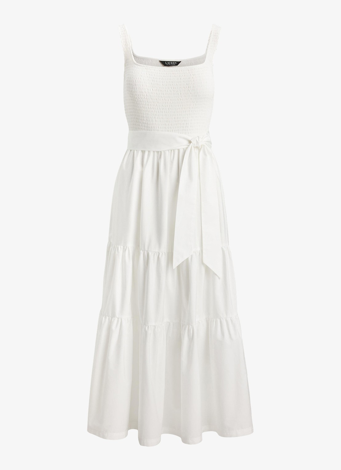 Ralph Lauren Midi jurk met smockwerk en strikceintuur - voorkant 2 wit