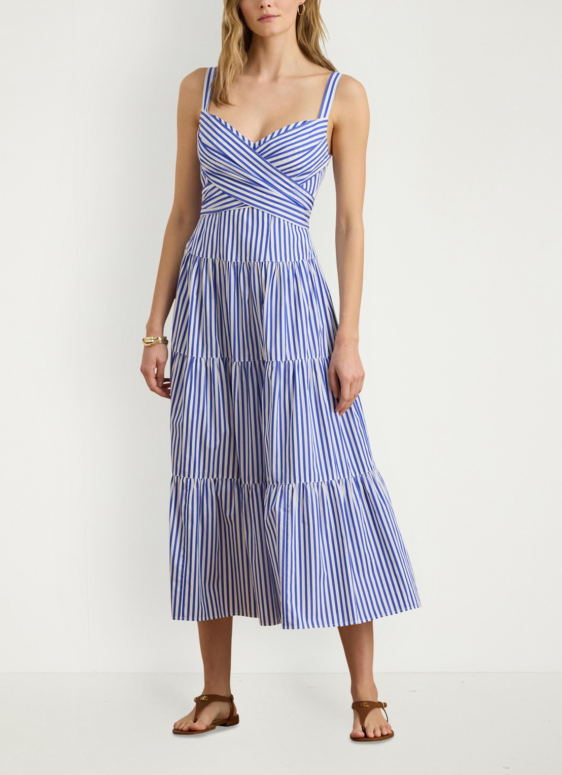 Ralph Lauren Midi jurk met streepprint en strikceintuur - voorkant 3 blue / blauw