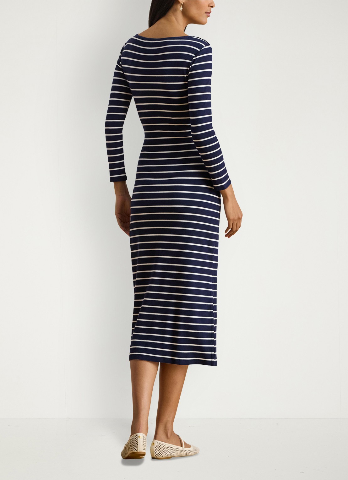 Ralph Lauren Midi jurk met streepprint en strikdetail - achterkant donkerblauw