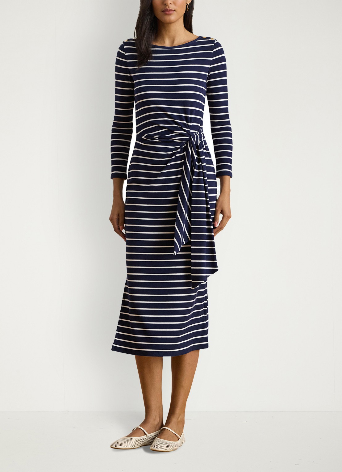 Ralph Lauren Midi jurk met streepprint en strikdetail - detail 2 donkerblauw