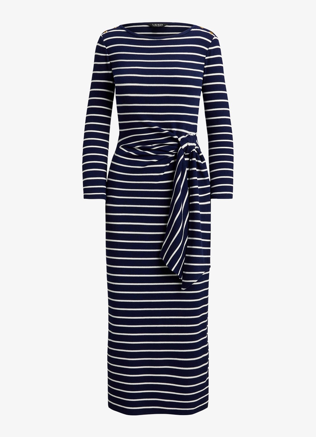Ralph Lauren Midi jurk met streepprint en strikdetail - voorkant 4 donkerblauw