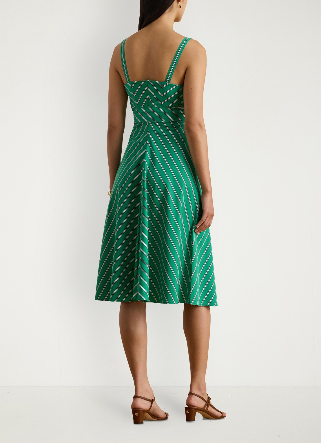 Ralph Lauren Midi jurk met strikceintuur en streepprint - achterkant 5 green white / groen