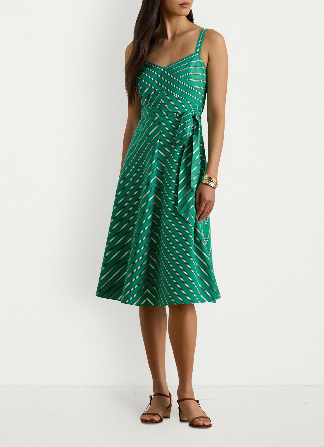 Ralph Lauren Midi jurk met strikceintuur en streepprint - detail 2 green white / groen