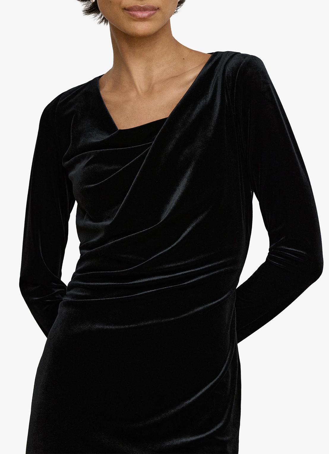 Ralph Lauren Midi jurk van fluweel met watervalhals - detail 2 black velvet / zwart