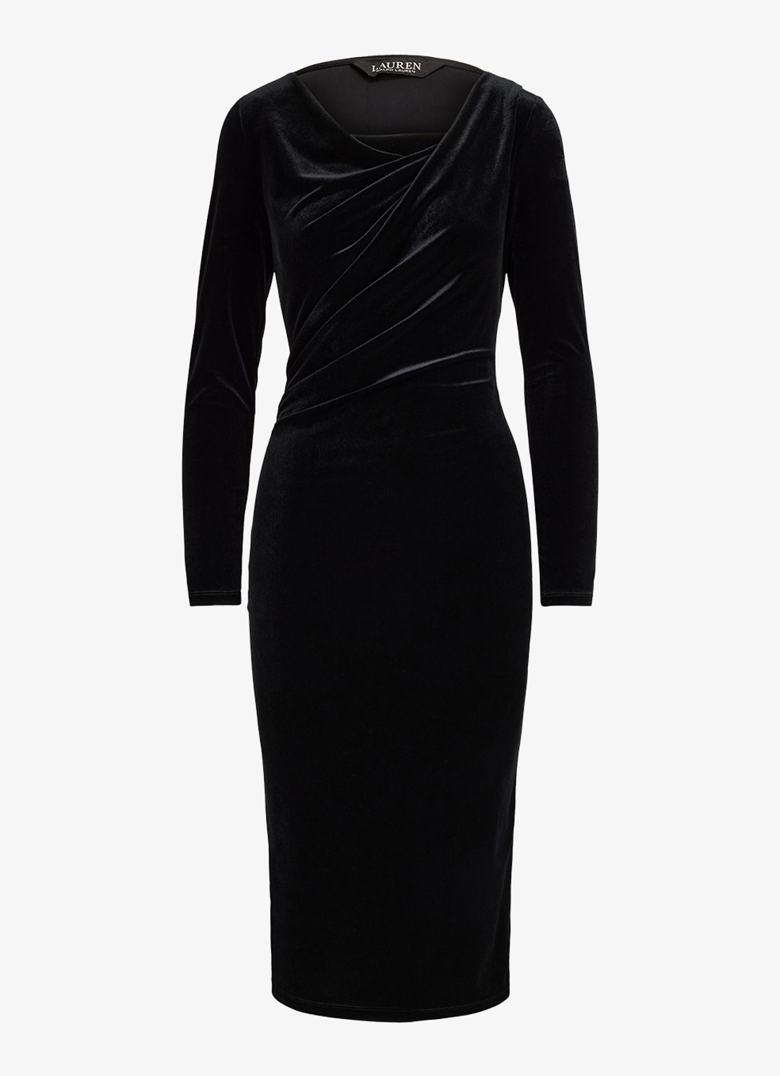 Ralph Lauren Midi jurk van fluweel met watervalhals - voorkant 4 black velvet / zwart