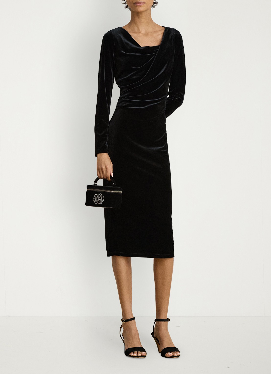Ralph Lauren Midi jurk van fluweel met watervalhals - voorkant 5 black velvet / zwart