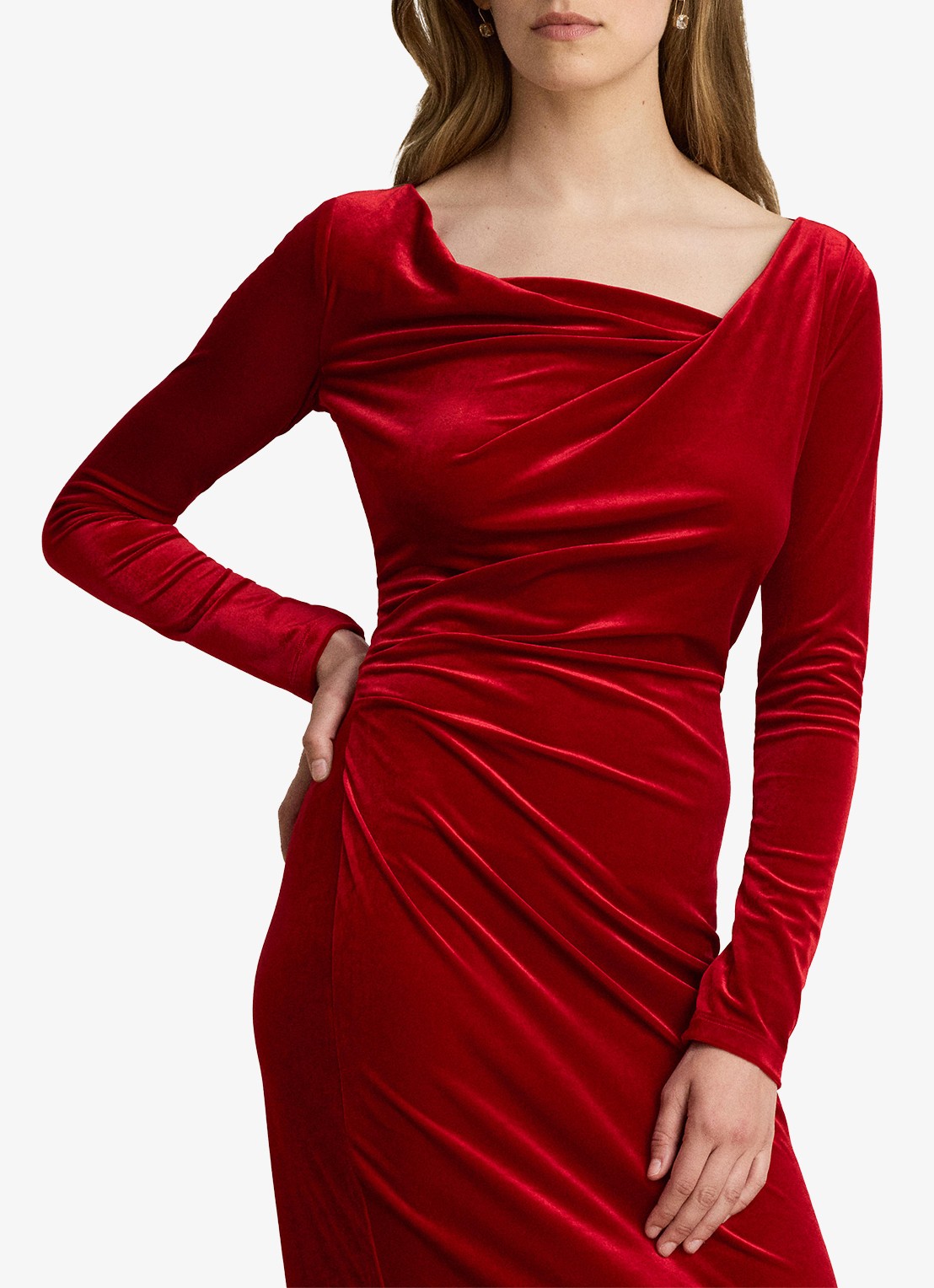 Ralph Lauren Midi jurk van fluweel met watervalhals - detail lauren red velvet / rood