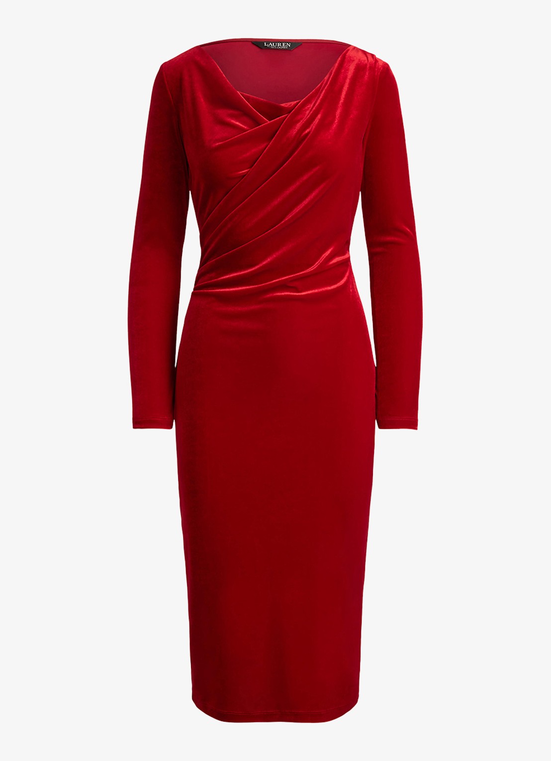 Ralph Lauren Midi jurk van fluweel met watervalhals - voorkant 4 lauren red velvet / rood