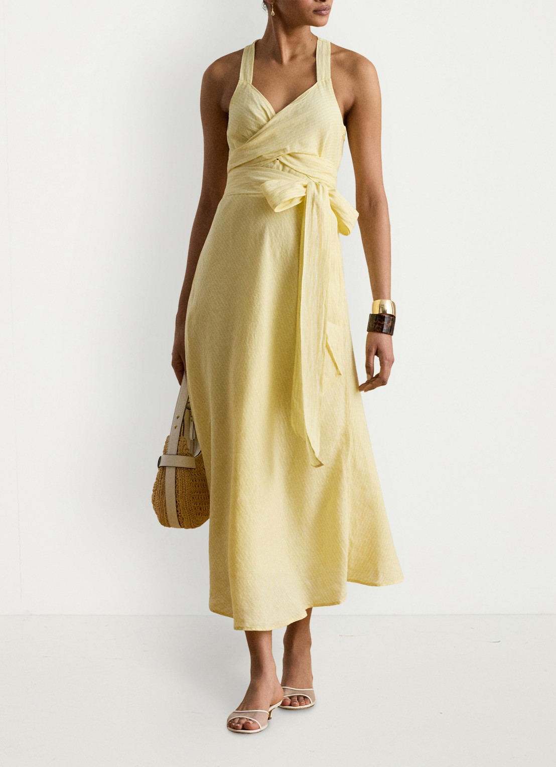 Ralph Lauren Midi jurk van linnen met streepprint - detail 3 yellow/white / geel
