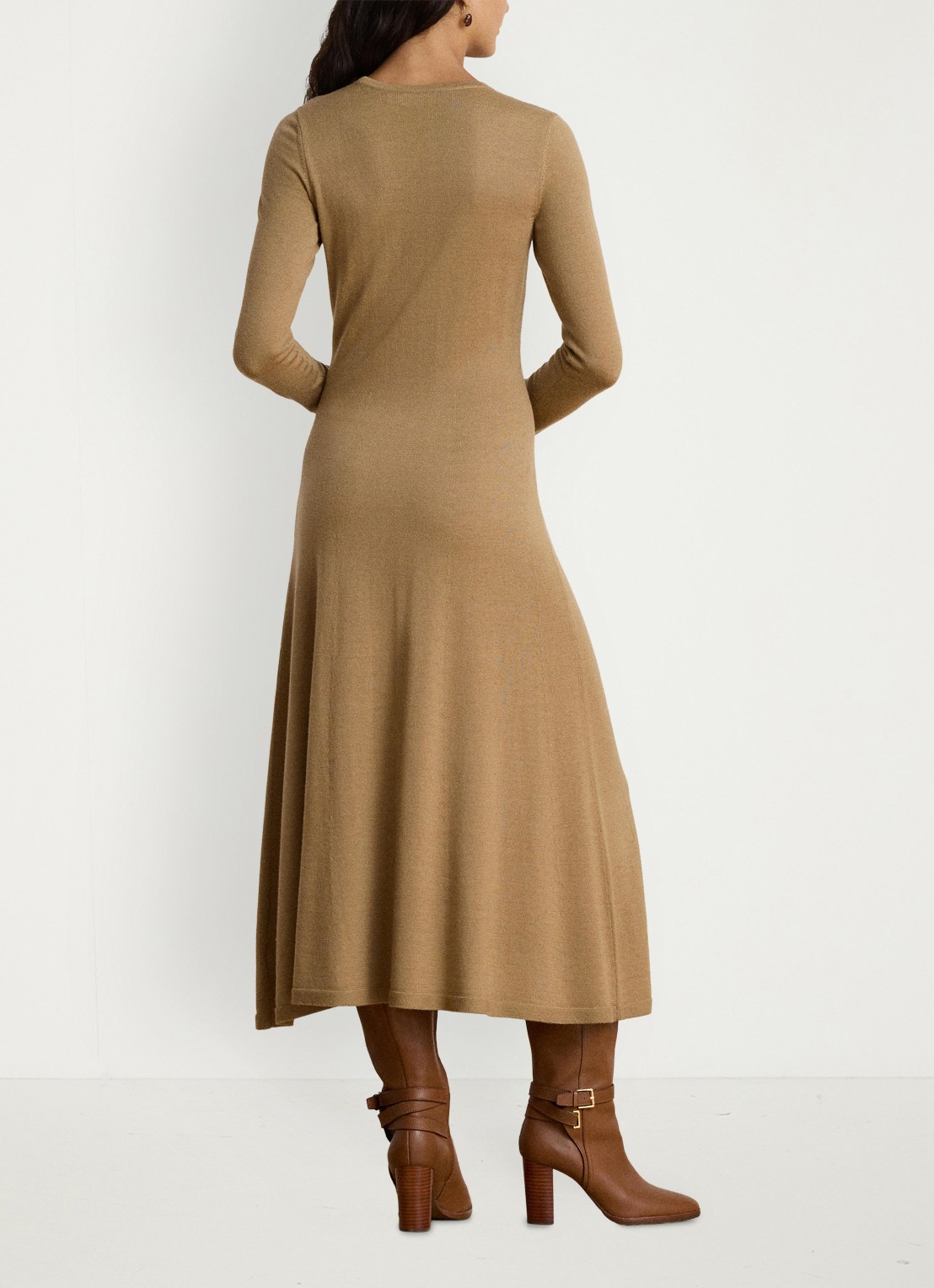 Ralph Lauren Midi jurk van wol met ronde hals - achterkant 3 lauren camel / beige