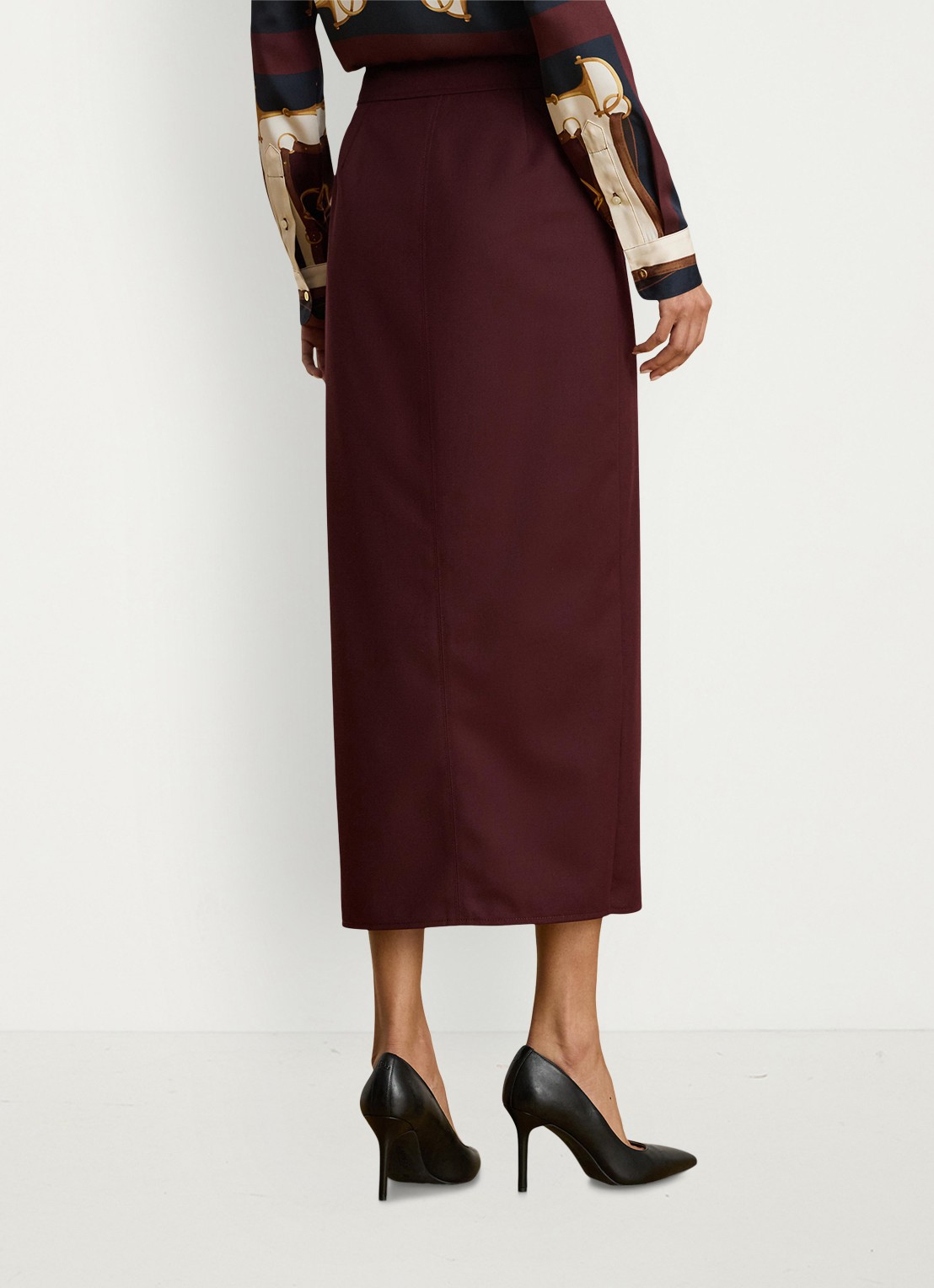 Ralph Lauren Midi kokerrok in wolblend met opstikzakken - achterkant 4 dark garnet / bordeauxrood