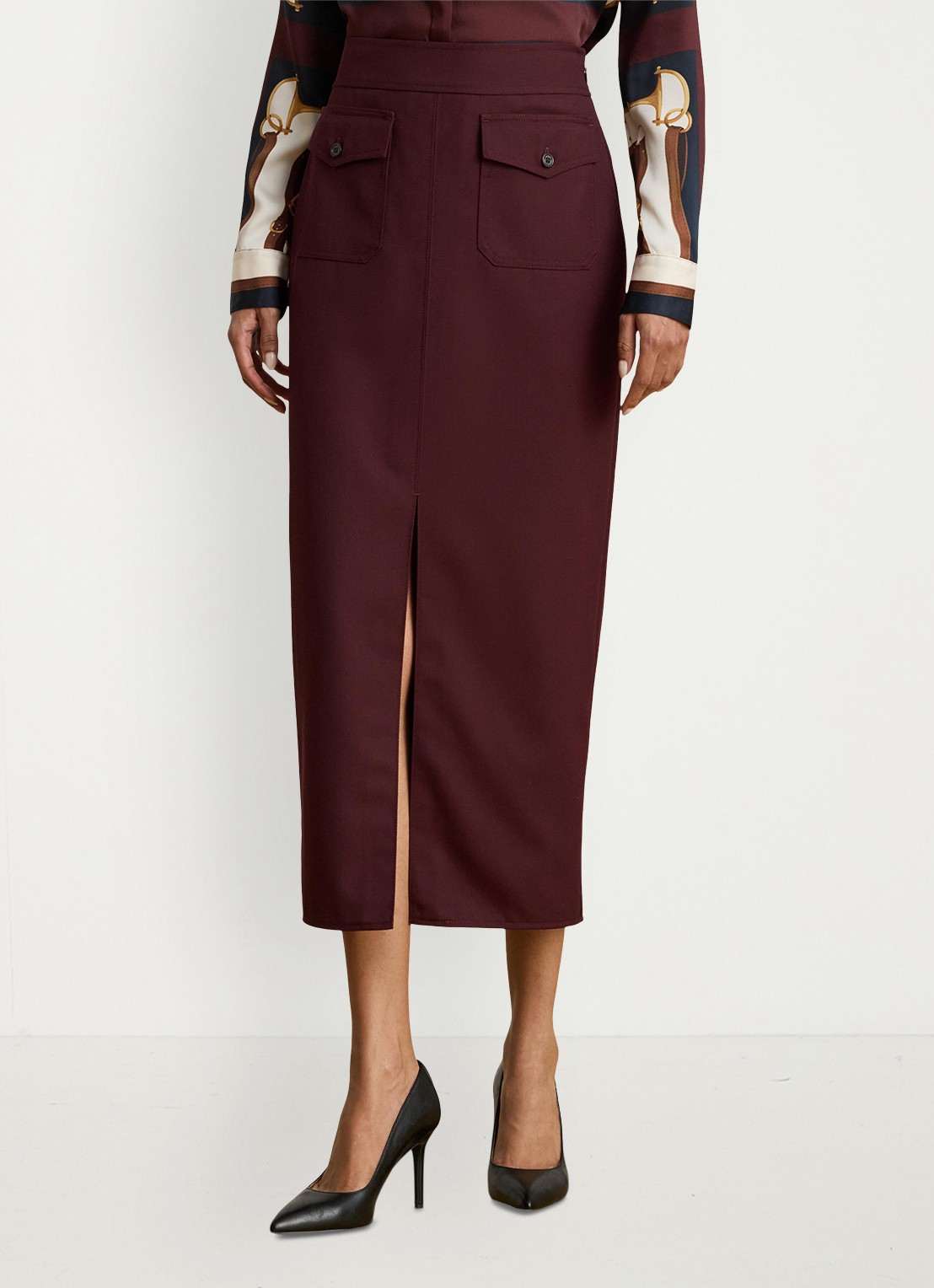 Ralph Lauren Midi kokerrok in wolblend met opstikzakken - detail 3 dark garnet / bordeauxrood