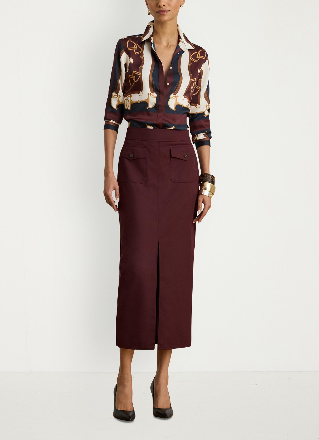 Ralph Lauren Midi kokerrok in wolblend met opstikzakken - voorkant 2 dark garnet / bordeauxrood