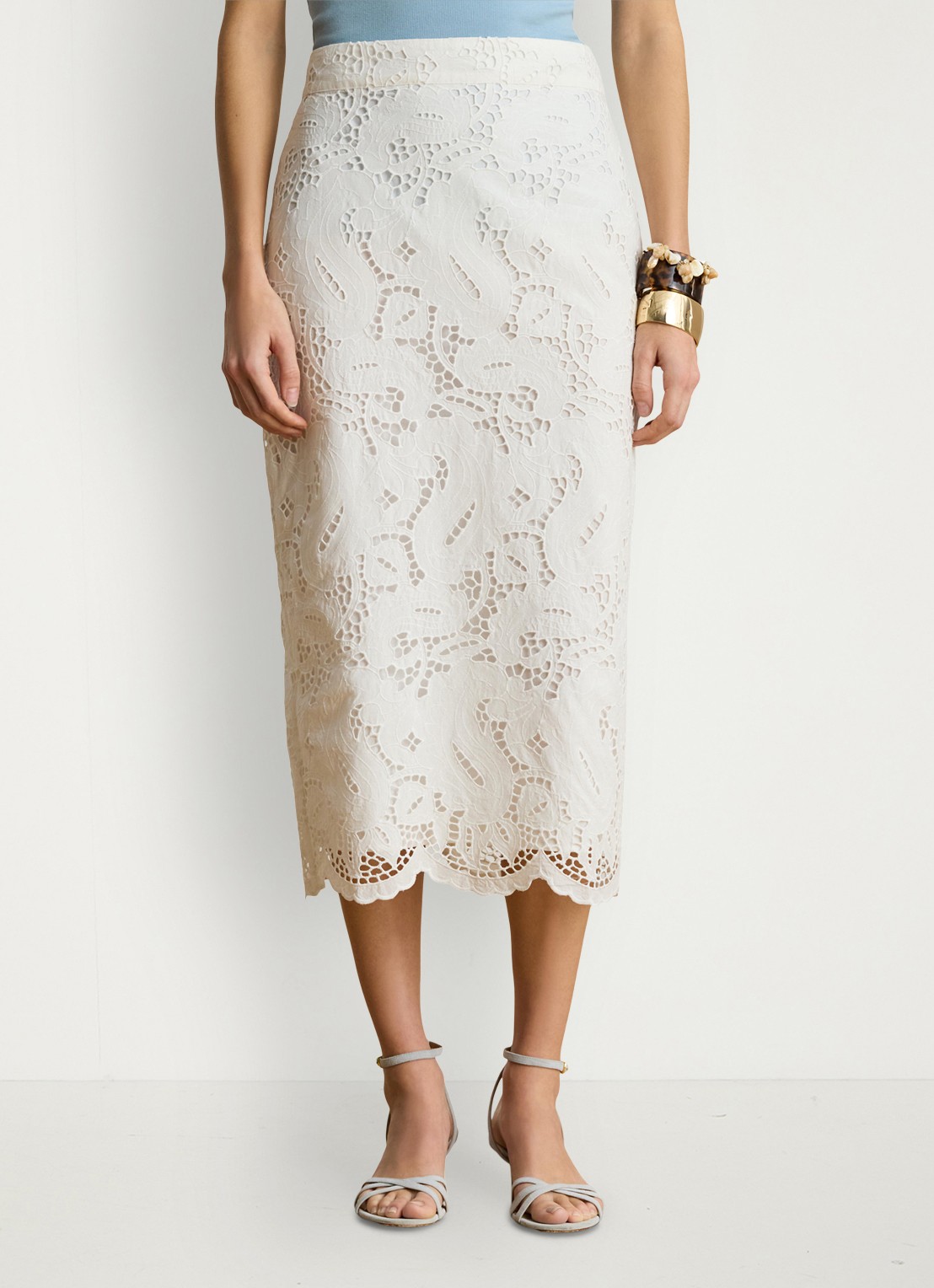 Ralph Lauren Midi rok met broderie - detail 4 wit