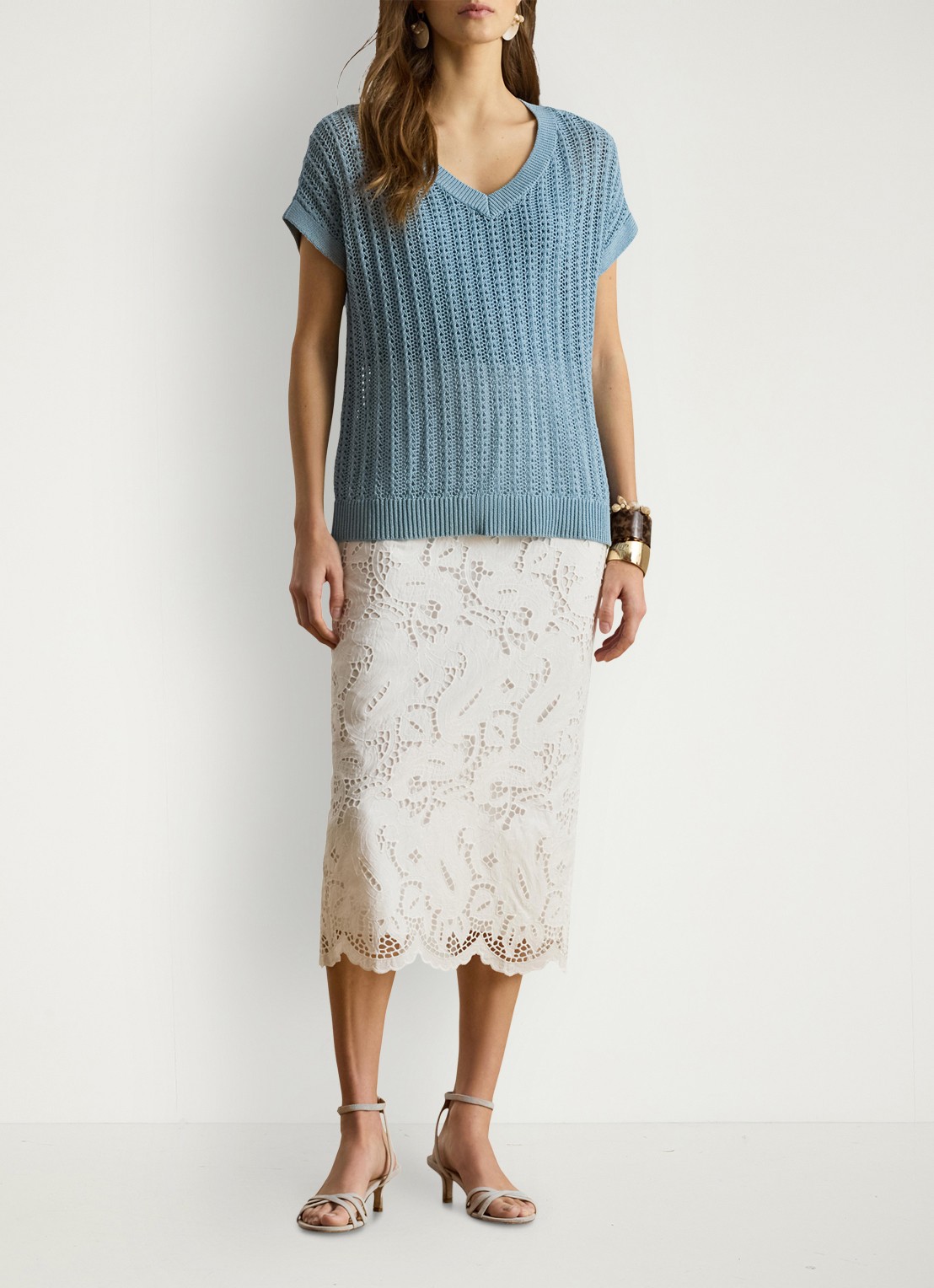 Ralph Lauren Midi rok met broderie - voorkant 2 wit