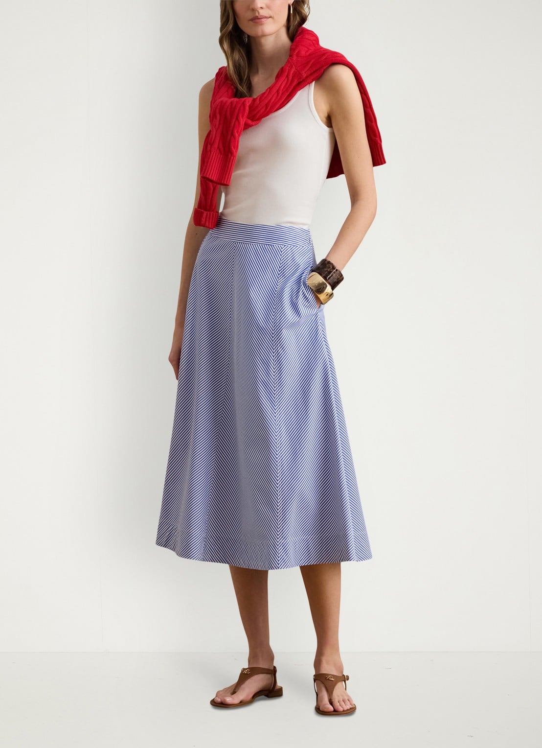 Ralph Lauren Midi rok met streepprint met steekzakken - voorkant 4 blue / blauw