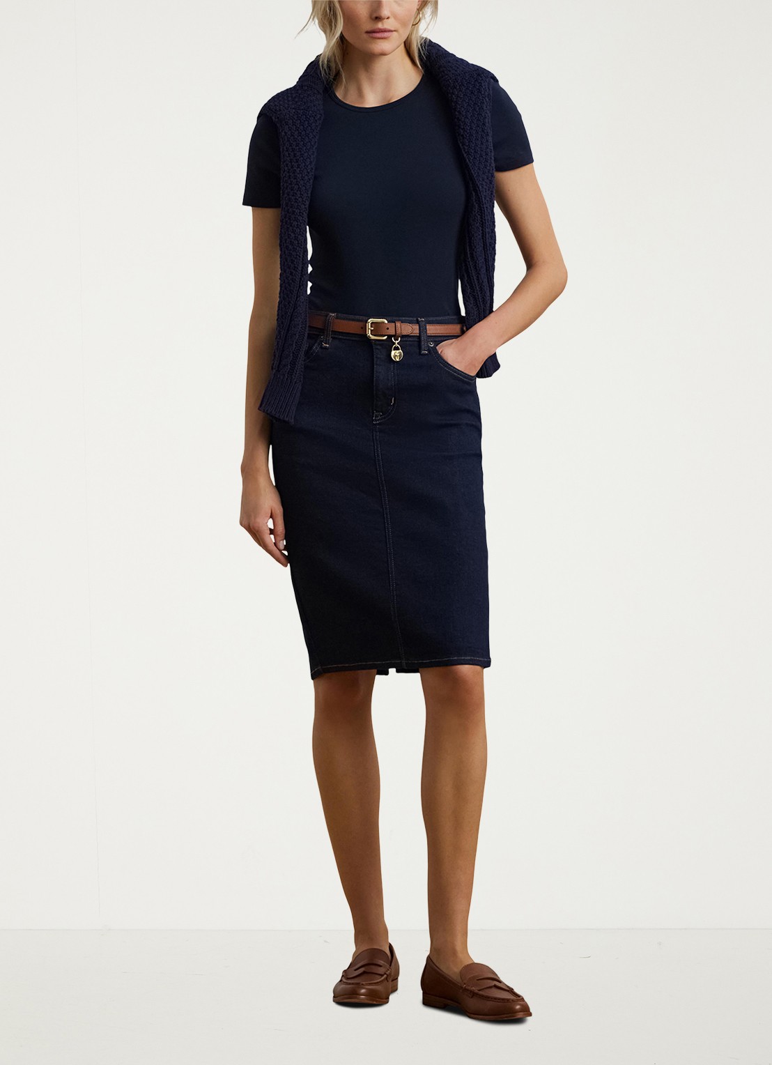 Ralph Lauren Midi rok van chambray - voorkant 5 rinse wash / indigo