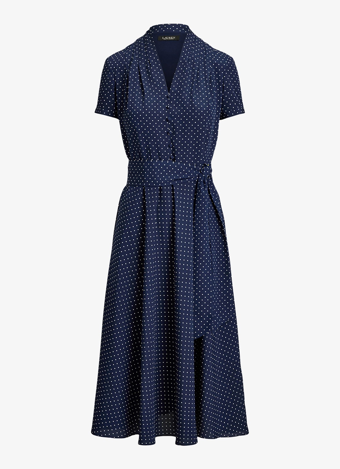 Ralph Lauren Midi tuniekjurk met stippenprint en ceintuur - voorkant donkerblauw
