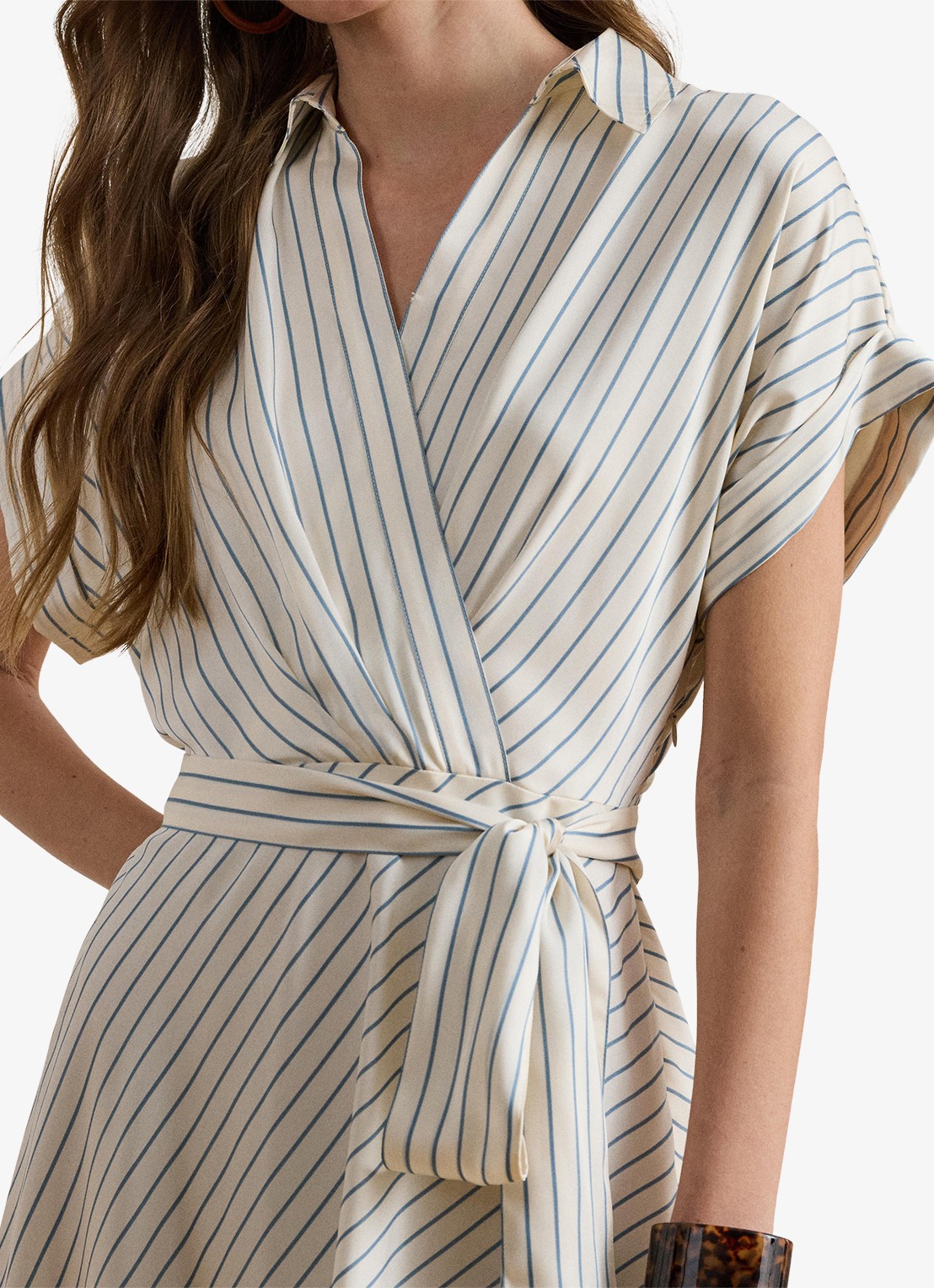 Ralph Lauren Midi wikkeljurk met streepprint - detail 4 cream blue / creme