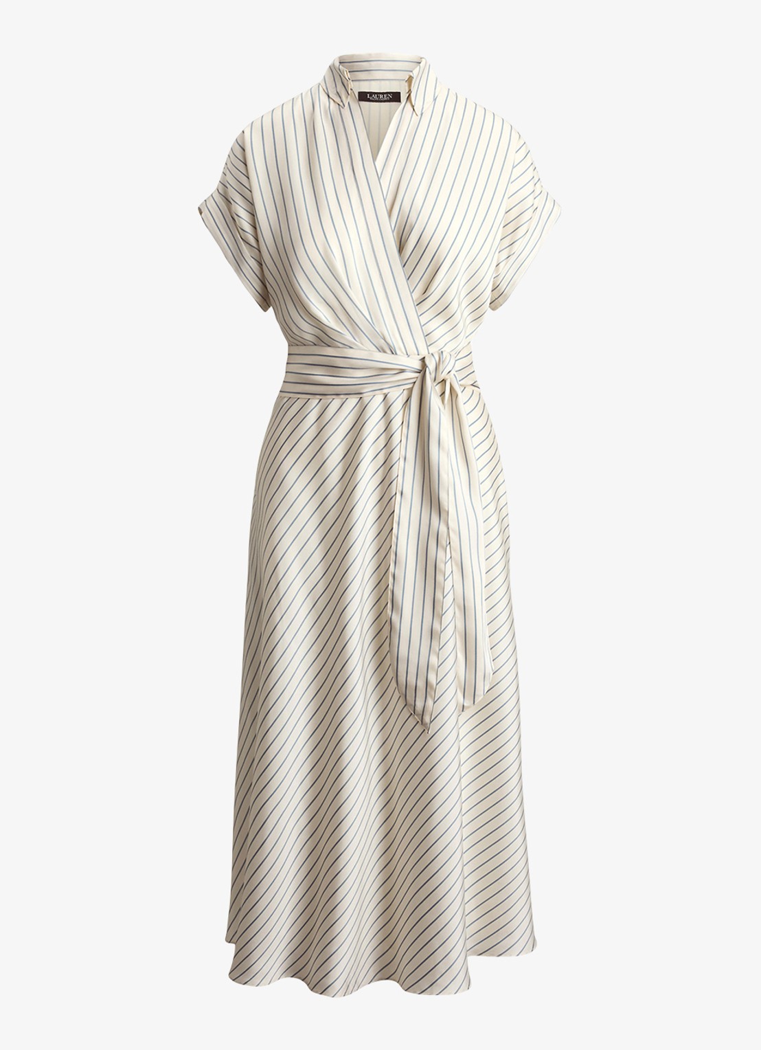 Ralph Lauren Midi wikkeljurk met streepprint - voorkant 2 cream blue / creme