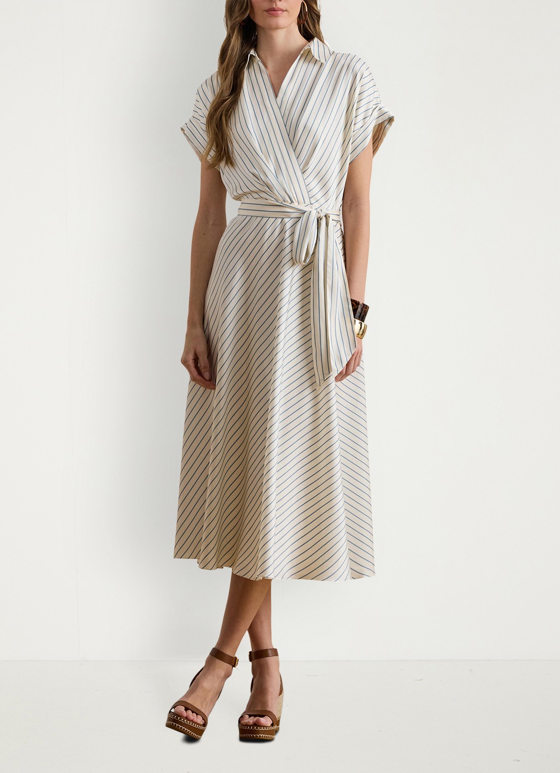Ralph Lauren Midi wikkeljurk met streepprint - voorkant 3 cream blue / creme