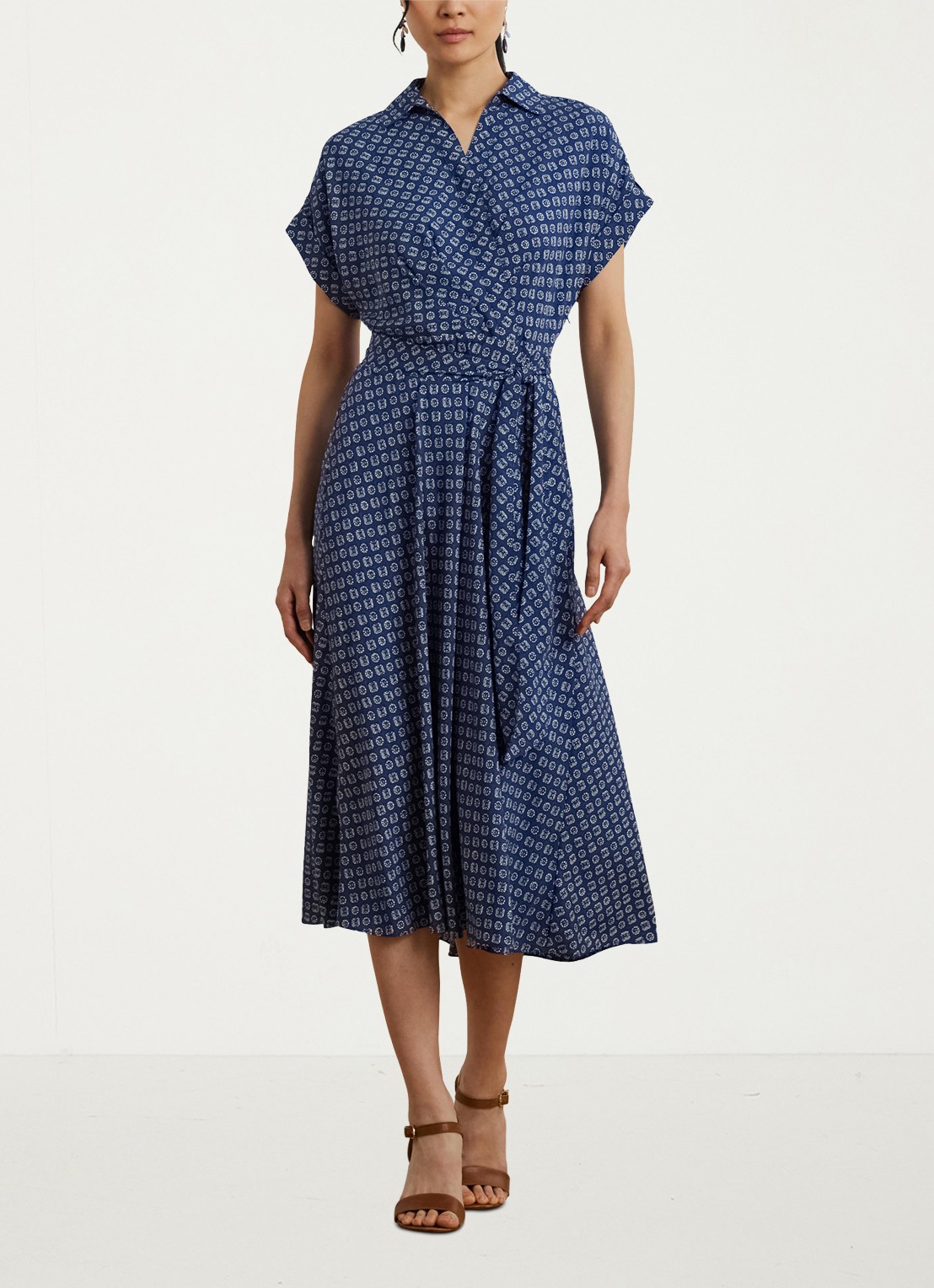 Ralph Lauren Midi wikkeljurk met strikceintuur en print - voorkant 3 blauw