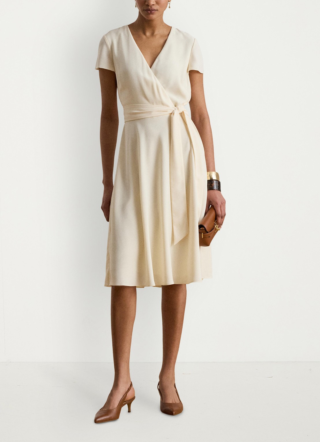 Ralph Lauren Midi wikkeljurk met strikceintuur - voorkant creme