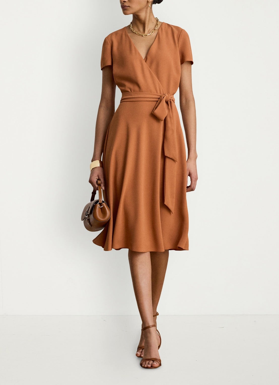 Ralph Lauren Midi wikkeljurk met strikceintuur - voorkant 5 red terracotta / rood
