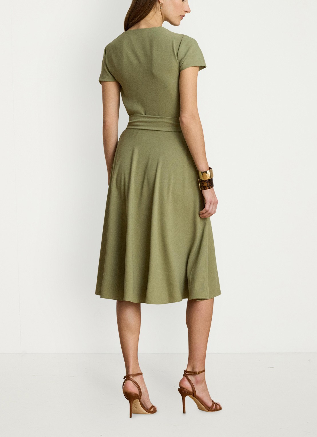 Ralph Lauren Midi wikkeljurk met strikceintuur - achterkant 3 light agave / beige