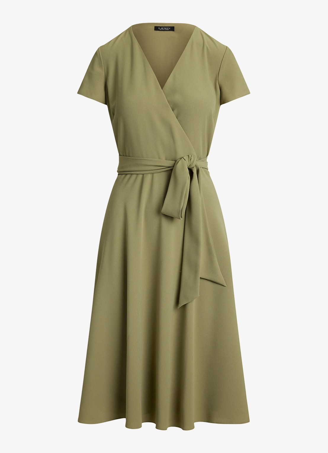 Ralph Lauren Midi wikkeljurk met strikceintuur - voorkant light agave / beige