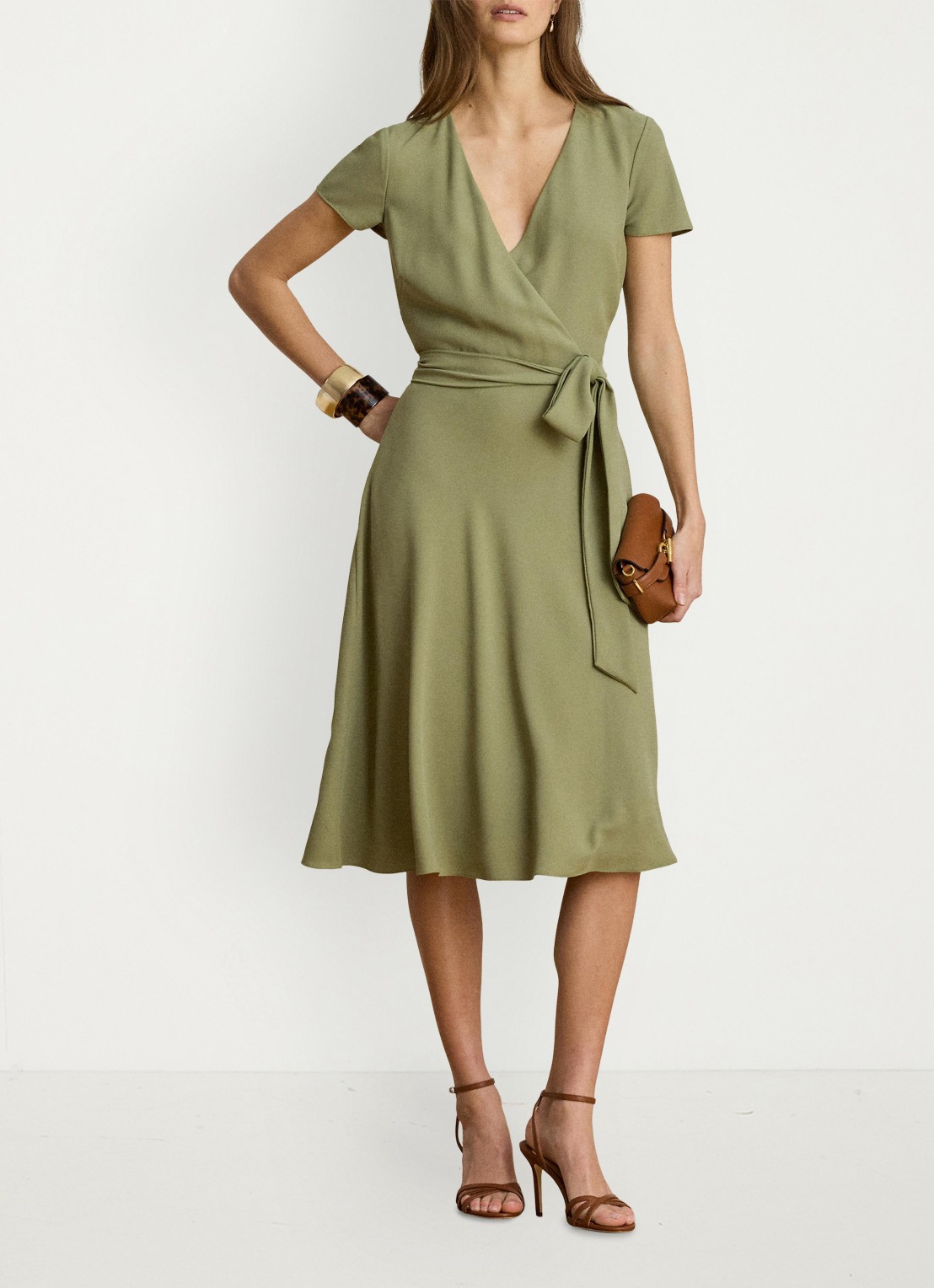 Ralph Lauren Midi wikkeljurk met strikceintuur - voorkant 2 light agave / beige