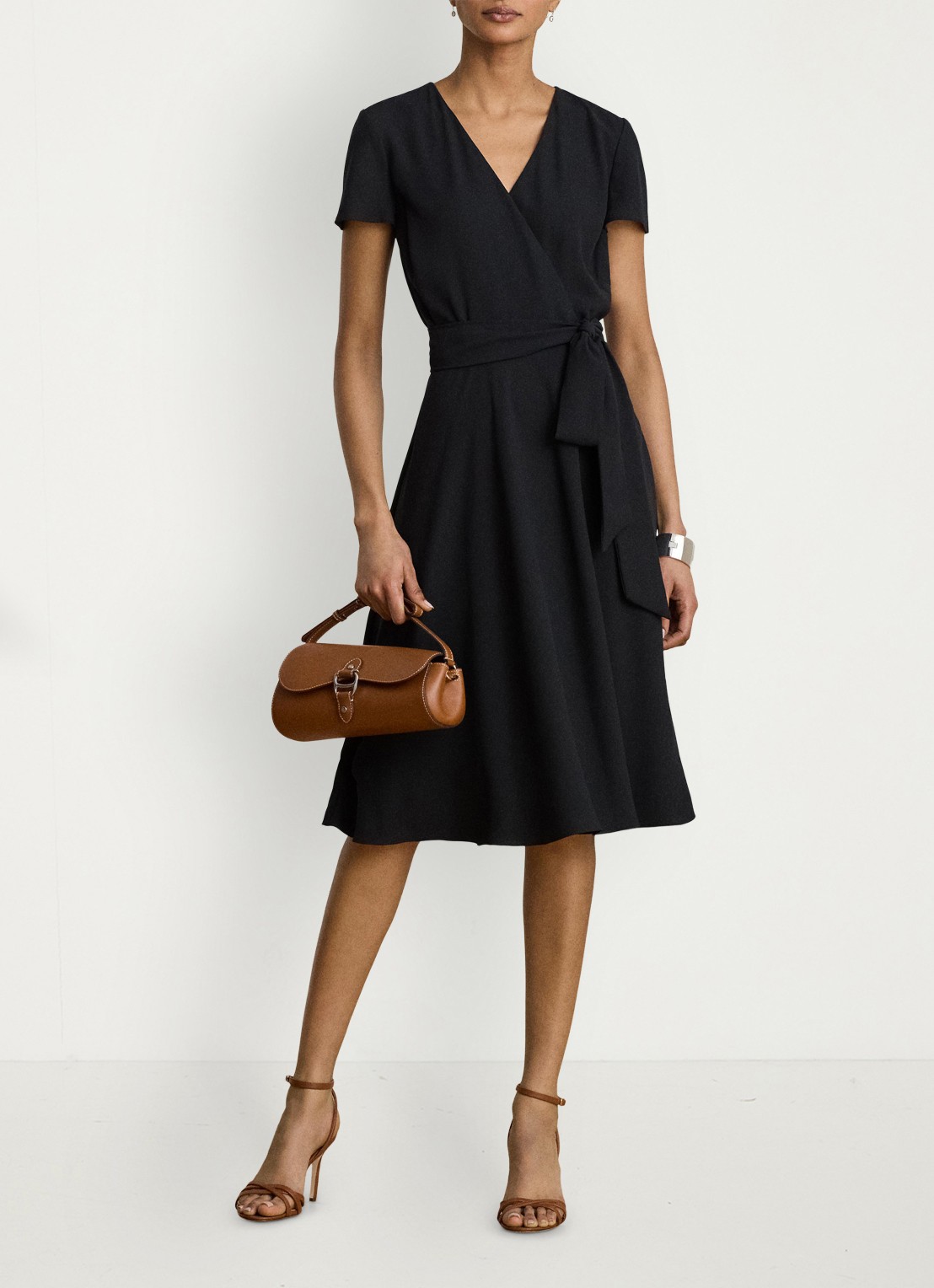 Ralph Lauren Midi wikkeljurk met strikceintuur - voorkant 2 zwart