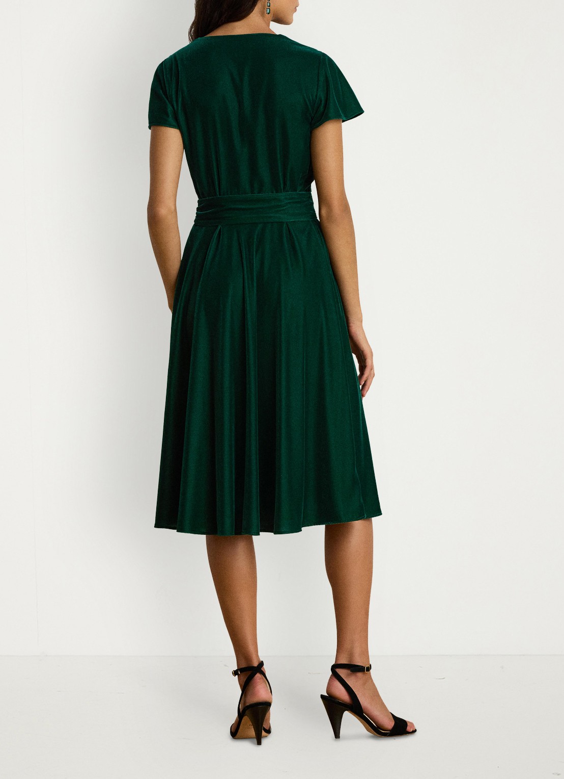 Ralph Lauren Midi wikkeljurk van fluweel met strikceintuur - achterkant dark evergreen / groen