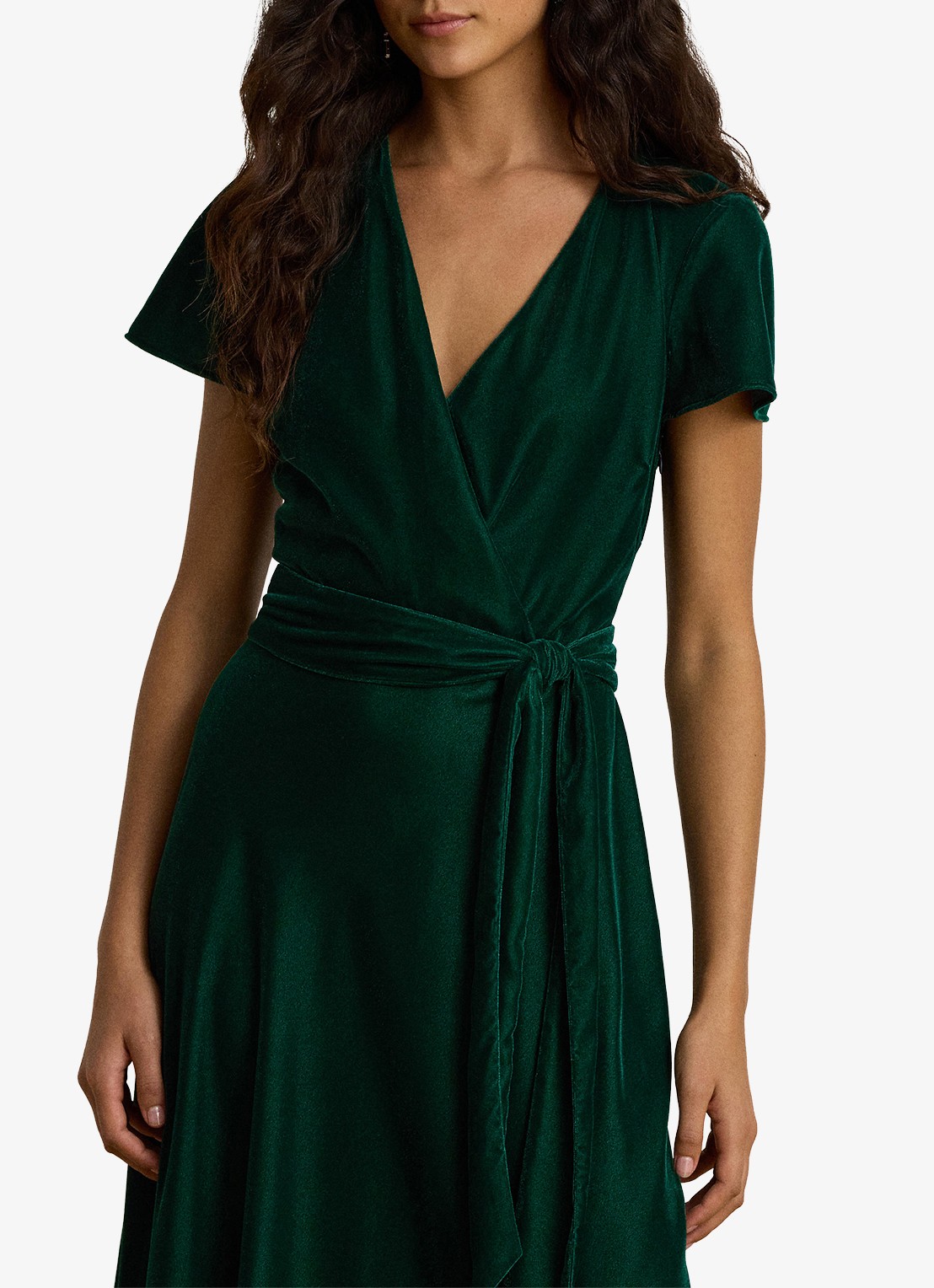 Ralph Lauren Midi wikkeljurk van fluweel met strikceintuur - detail 2 dark evergreen / groen