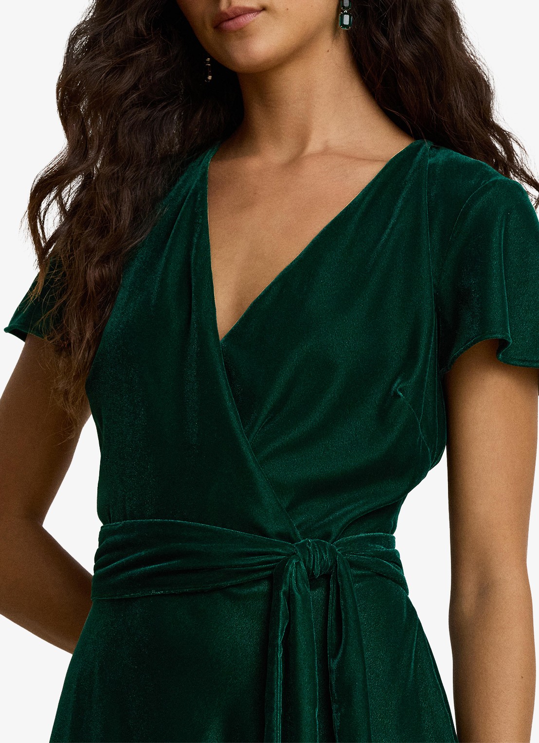 Ralph Lauren Midi wikkeljurk van fluweel met strikceintuur - detail 3 dark evergreen / groen