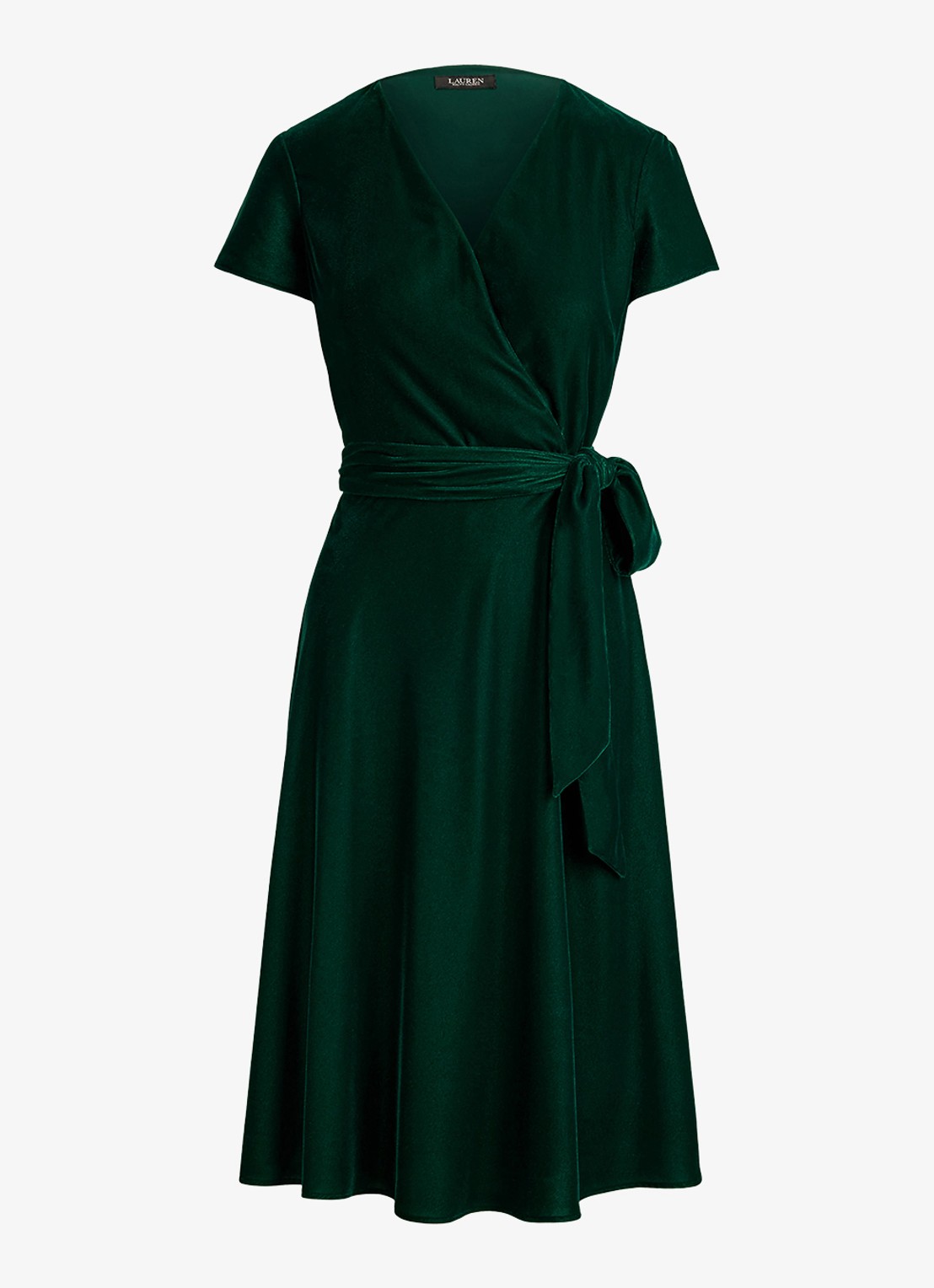 Ralph Lauren Midi wikkeljurk van fluweel met strikceintuur - voorkant 4 dark evergreen / groen