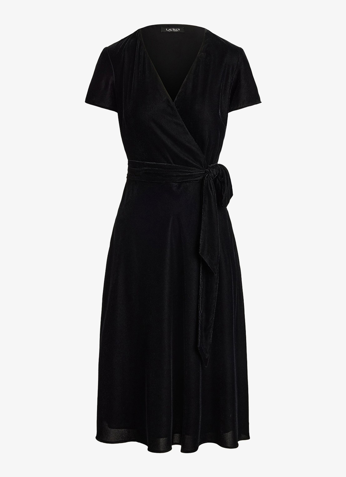 Ralph Lauren Midi wikkeljurk van fluweel met strikceintuur - voorkant 4 black velvet / zwart