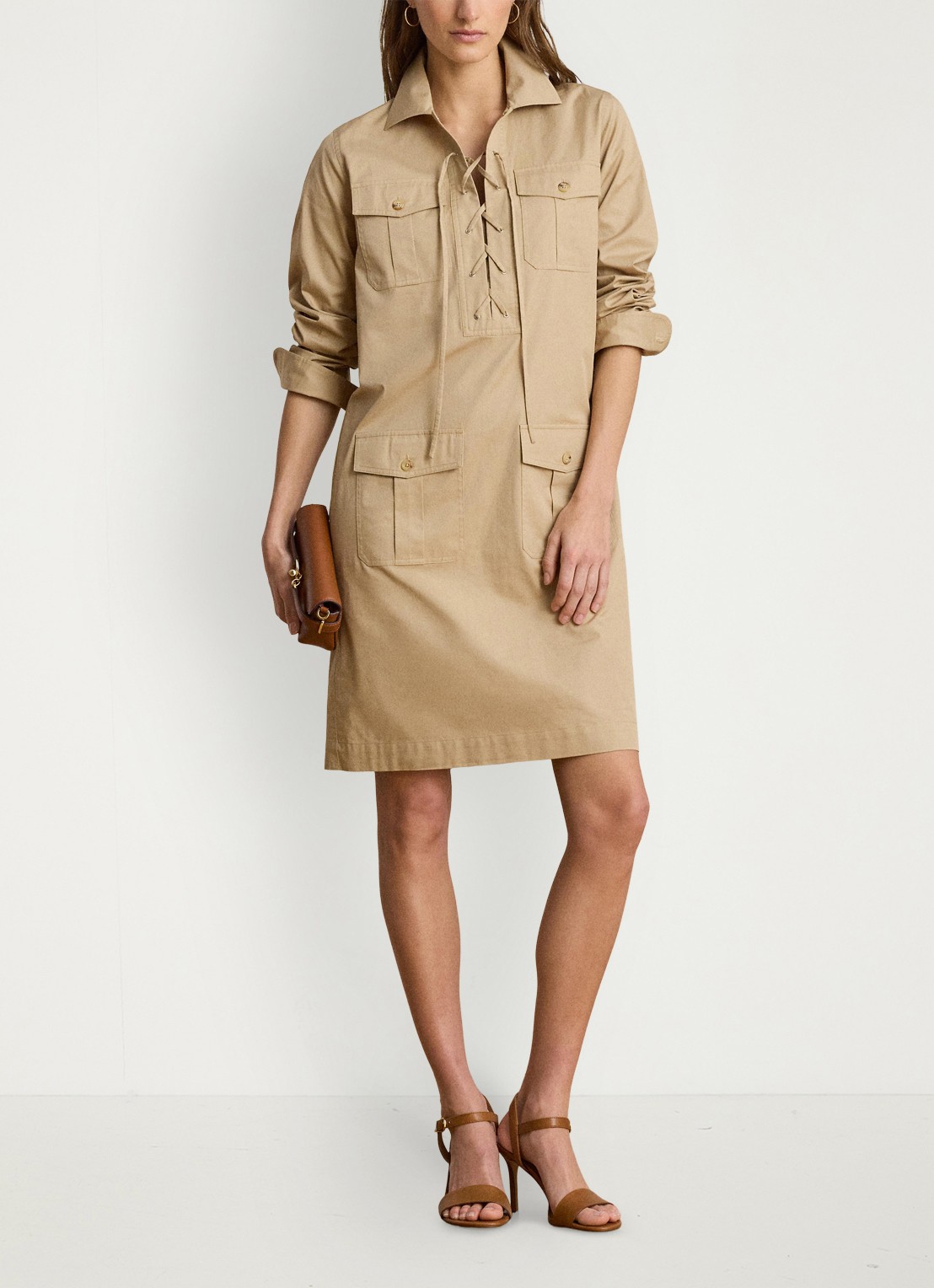 Ralph Lauren Mini tuniekjurk met opgestikte zakken - voorkant 5 birch tan / beige