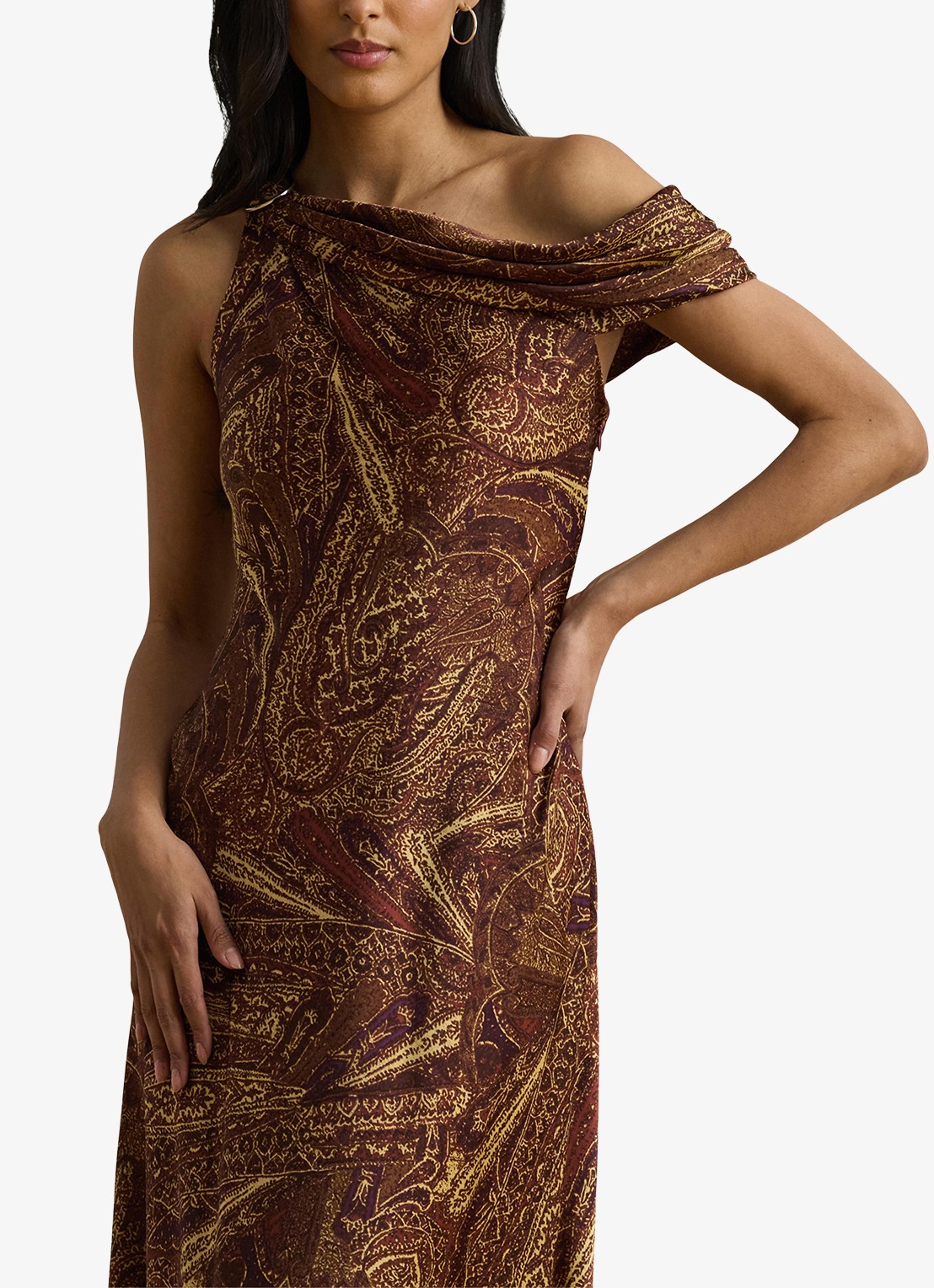 Ralph Lauren Off shoulder maxi jurk met gespdetail en print - detail cinnamon multi / bruin