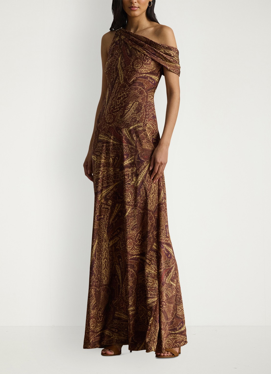 Ralph Lauren Off shoulder maxi jurk met gespdetail en print - voorkant 5 cinnamon multi / bruin