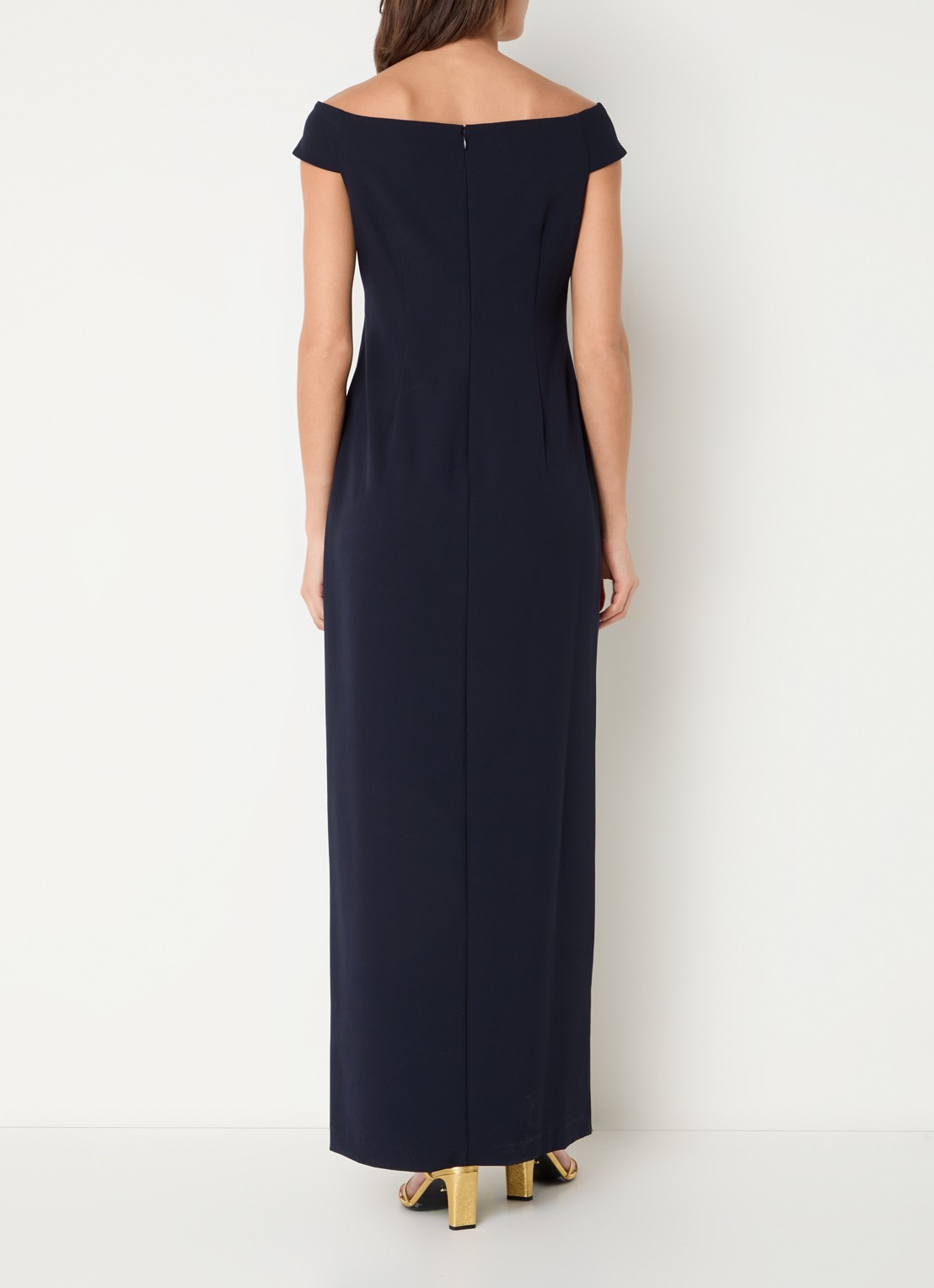 Ralph Lauren Off shoulder maxi jurk met plooidetail - achterkant 4 lighthouse navy / donkerblauw