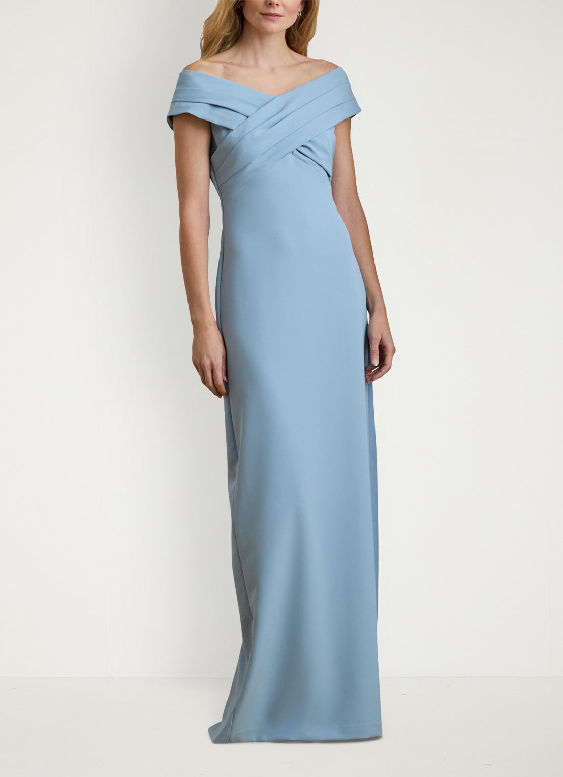 Ralph Lauren Off-shoulder maxi jurk met split - voorkant 2 blue note / blauw