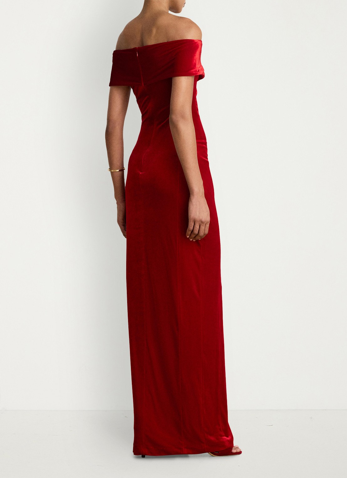 Ralph Lauren Off shoulder maxi jurk van fluweel met split - achterkant 3 lauren red velvet / rood