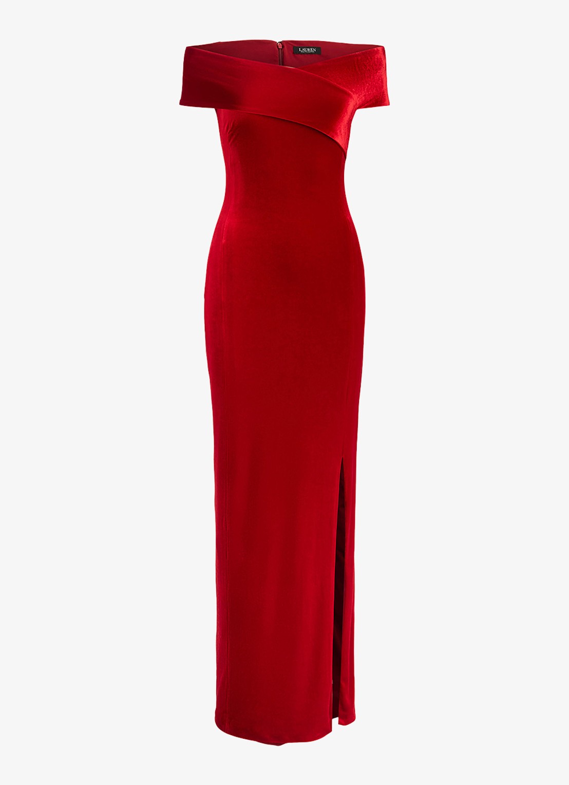 Ralph Lauren Off shoulder maxi jurk van fluweel met split - voorkant lauren red velvet / rood